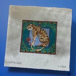 Chameleon Handpainted Needlepoint Canvas Tiger Teal Klimt like background 18ct